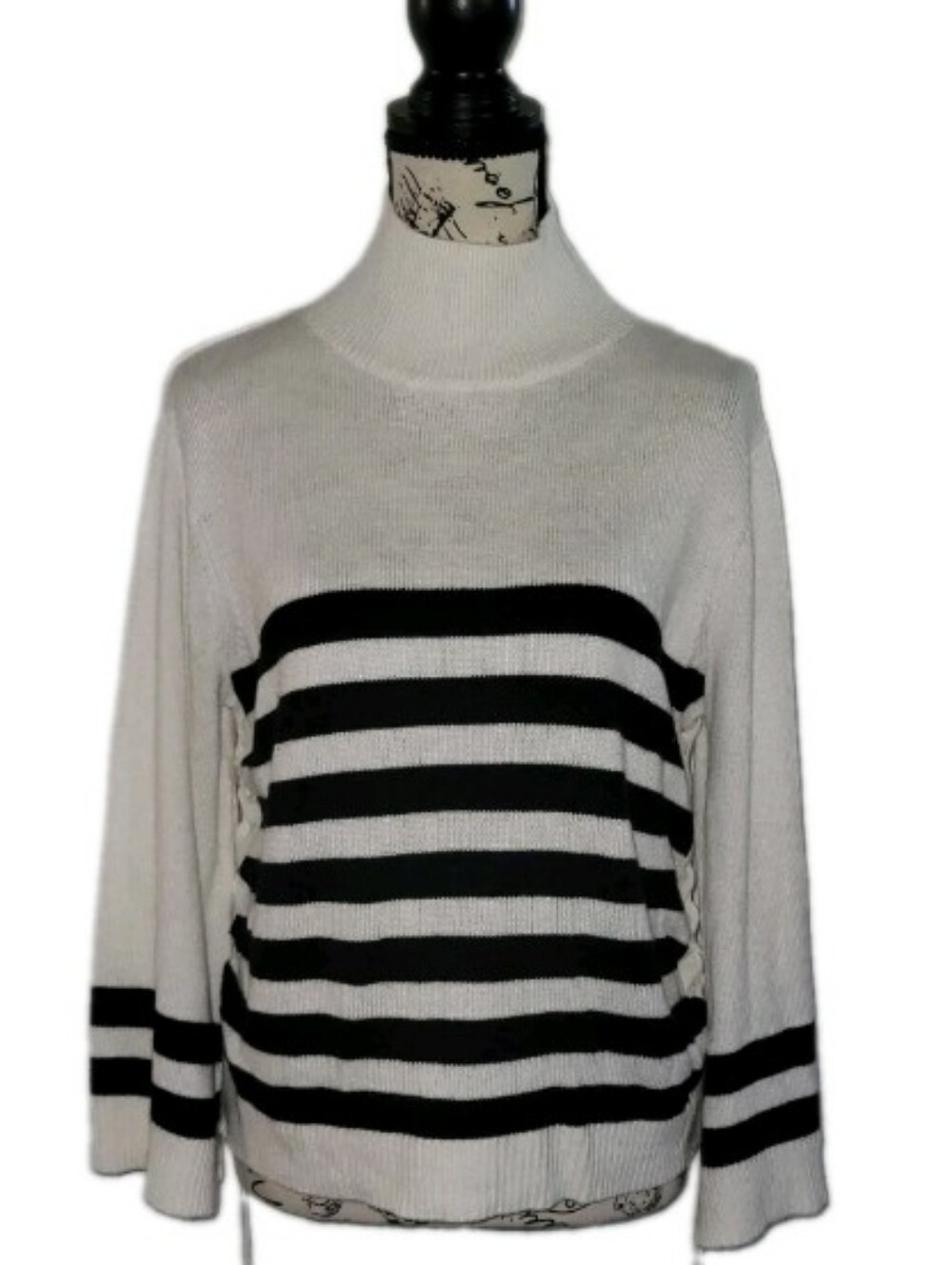 JOIE Lantz Striped Sweater Mock Neck Lace Up Tie Sides Bell Sleeve Parsian Chic